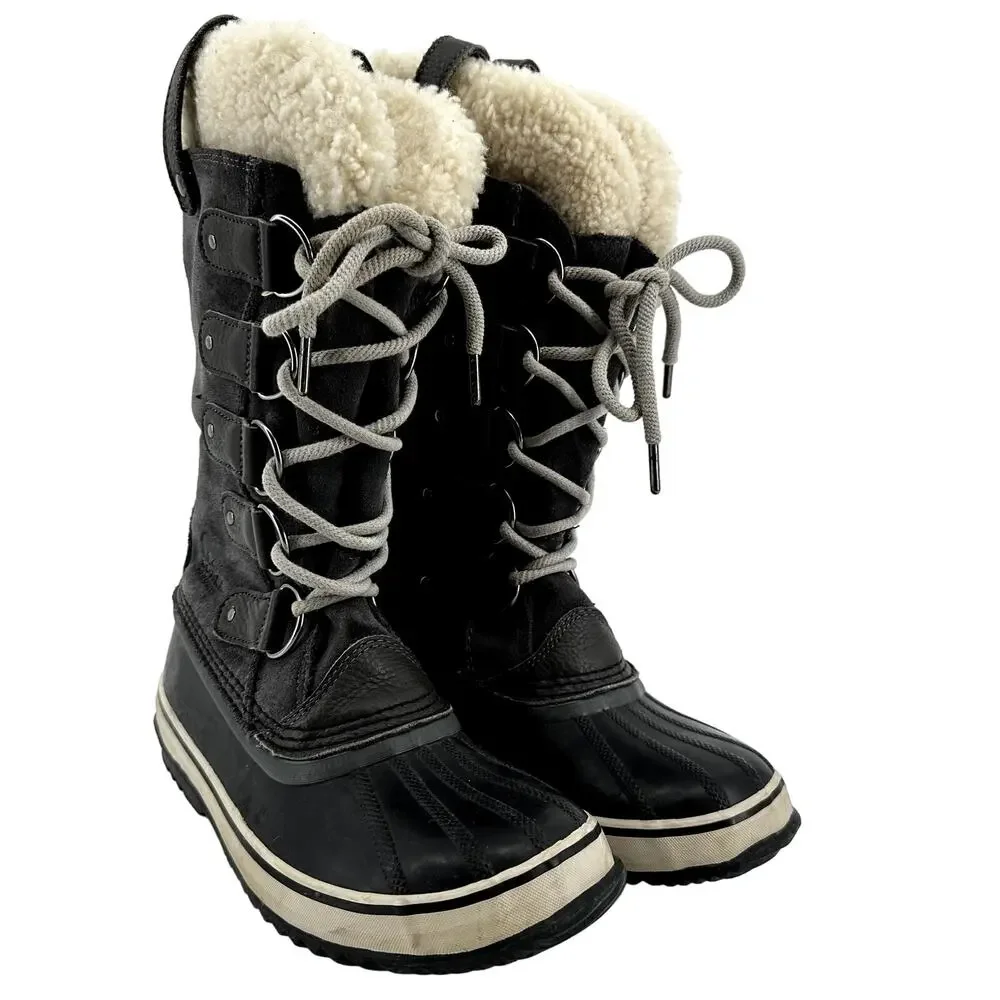 Sorel Joan of Arctic Boots Leather Winter Snow Lace Up Faux Shearling Black 8.5